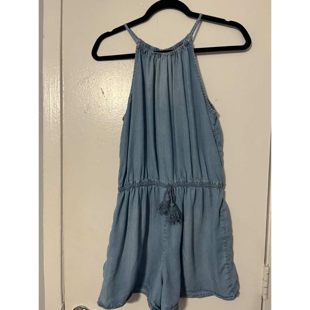 Mossimo Supply Co Womens Light Blue Lyocell Halter Neck Romper Tassel Waist S